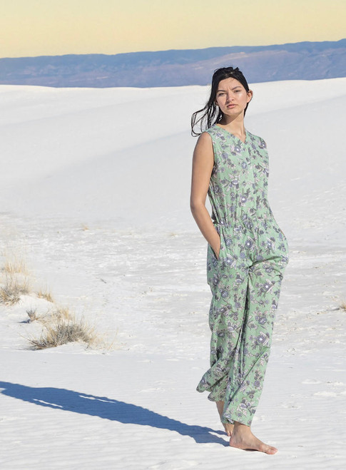 Indie Ella SAANVI Organic Cotton Traditional Wood Block Print Jumpsuit with Pockets in Mint Flower (Sm/Med)  Indie Ella SAANVI Organic Cotton Traditional Wood Block Print Jumpsuit with Pockets in Mint Flower (Sm/Med)