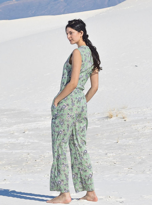 Indie Ella SAANVI Organic Cotton Traditional Wood Block Print Jumpsuit with Pockets in Mint Flower (Sm/Med)  Indie Ella SAANVI Organic Cotton Traditional Wood Block Print Jumpsuit with Pockets in Mint Flower (Sm/Med)