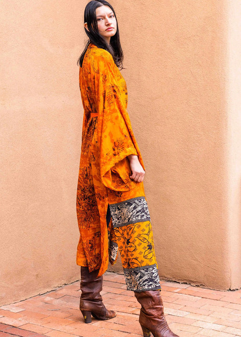YOKO Boho Kimono Duster Silk Robe in Sun Fire (ONE SIZE)   YOKO Boho Kimono Duster Silk Robe in Sun Fire (ONE SIZE)