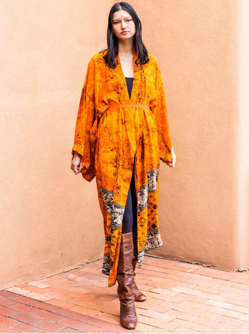 YOKO Boho Kimono Duster Silk Robe in Sun Fire (ONE SIZE)   YOKO Boho Kimono Duster Silk Robe in Sun Fire (ONE SIZE)