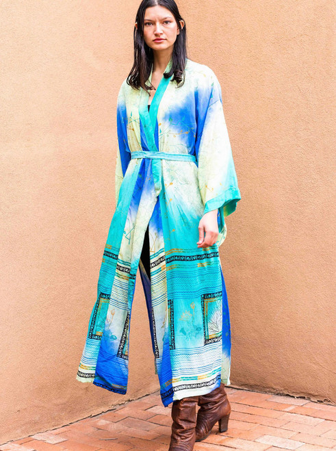 YOKO Japanese Style Boho Kimono Duster Silk Robe in Akiu Waterfall (OneSize)   YOKO Japanese Style Boho Kimono Duster Silk Robe in Akiu Waterfall (OneSize)