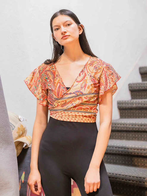 Indie Ella JAZZALYN Tied Flutter Sleeve Silk Wrap Top in Sun Paisley  Indie Ella JAZZALYN Tied Flutter Sleeve Silk Wrap Top in Sun Paisley