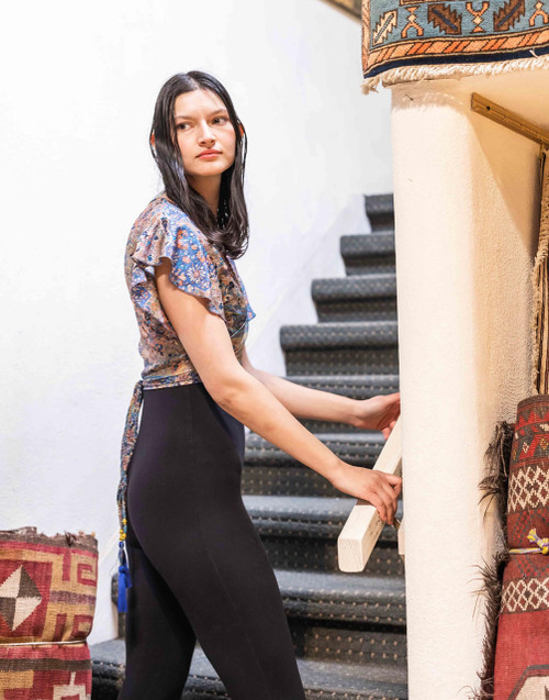 Indie Ella JAZZALYN Tied Flutter Sleeve Silk Wrap Top in Blue Paisley  Indie Ella JAZZALYN Tied Flutter Sleeve Silk Wrap Top in Blue Paisley