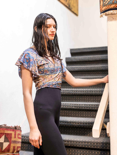 Indie Ella JAZZALYN Tied Flutter Sleeve Silk Wrap Top in Blue Paisley  Indie Ella JAZZALYN Tied Flutter Sleeve Silk Wrap Top in Blue Paisley