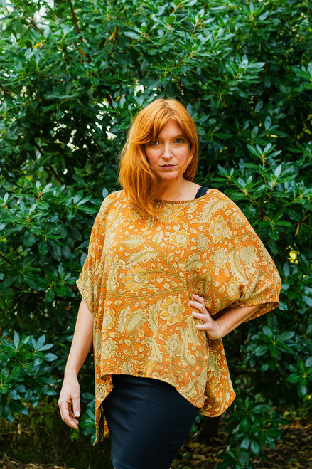 CAMILLE Oversized Silk Boho Chic Tunic Blouse in Mustard Flower CAMILLE Oversized Silk Boho Chic Tunic Blouse in Mustard Flower