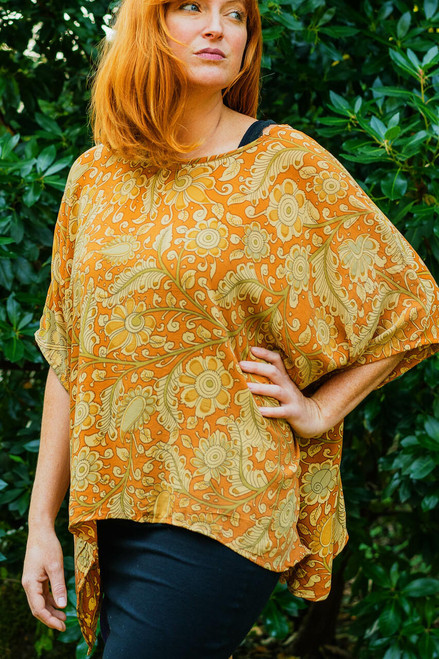 CAMILLE Oversized Silk Boho Chic Tunic Blouse in Mustard Flower CAMILLE Oversized Silk Boho Chic Tunic Blouse in Mustard Flower