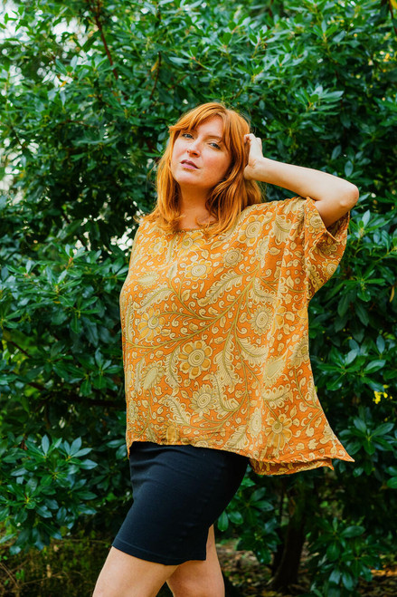 CAMILLE Oversized Silk Boho Chic Tunic Blouse in Mustard Flower CAMILLE Oversized Silk Boho Chic Tunic Blouse in Mustard Flower