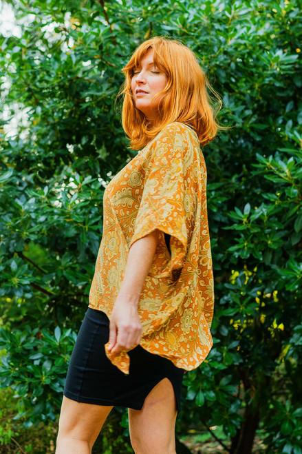 CAMILLE Oversized Silk Boho Chic Tunic Blouse in Mustard Flower CAMILLE Oversized Silk Boho Chic Tunic Blouse in Mustard Flower