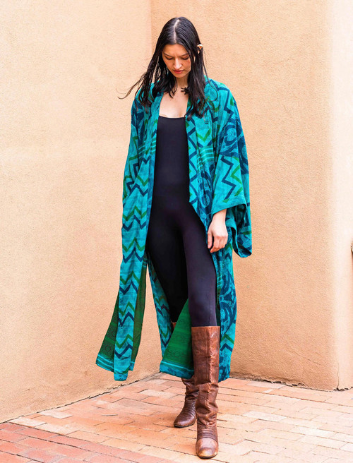  YOKO Boho Kimono Japanese Duster Silk Robe in Temple Pool (ONE SIZE) 