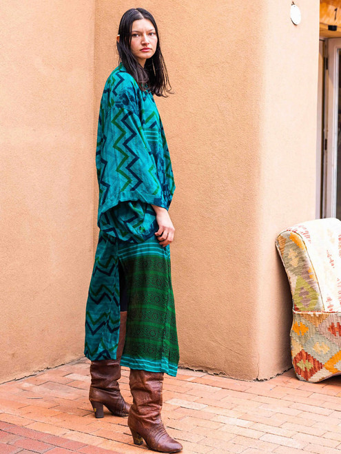  YOKO Boho Kimono Japanese Duster Silk Robe in Temple Pool (ONE SIZE) 