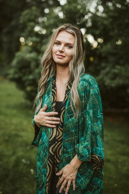 DOUBLE FLANNERY Black Silk Lined Reversible Kimono Boho Robe in Fern Trellis OneSize DOUBLE FLANNERY Black Silk Lined Reversible Kimono Boho Robe in Fern Trellis OneSize