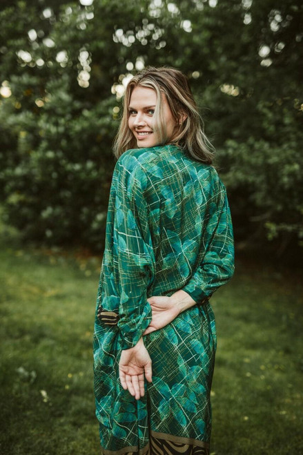 DOUBLE FLANNERY Black Silk Lined Reversible Kimono Boho Robe in Fern Trellis OneSize DOUBLE FLANNERY Black Silk Lined Reversible Kimono Boho Robe in Fern Trellis OneSize