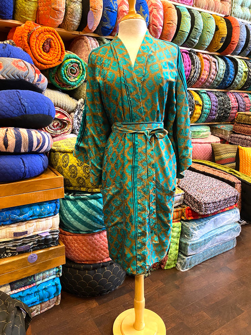 DOUBLE FLANNERY Black Silk Lined Reversible Kimono Boho Robe in Teal Fern (OneSize) DOUBLE FLANNERY Black Silk Lined Reversible Kimono Boho Robe in Teal Fern (OneSize)