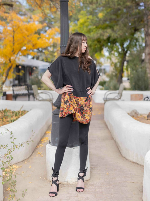 SATYA Oversize Bohemian Chic Drop Shoulder Silk Tunic Blouse in Obsidian Floral SATYA Oversize Bohemian Chic Drop Shoulder Silk Tunic Blouse in Obsidian Floral