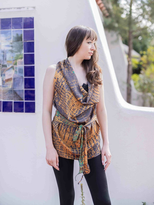 GISELLE Top Cowl Neck  Wrap Blouse in Gold Slate (One Size) GISELLE Top Cowl Neck  Wrap Blouse in Gold Slate (One Size)