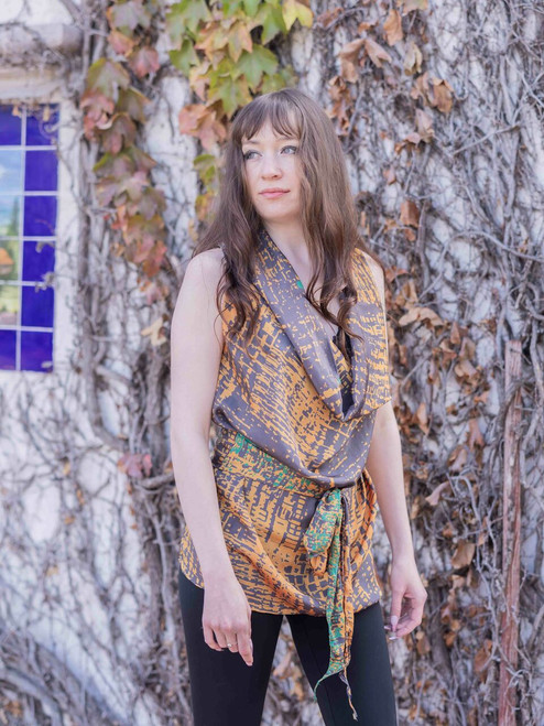 GISELLE Top Cowl Neck  Wrap Blouse in Gold Slate (One Size)