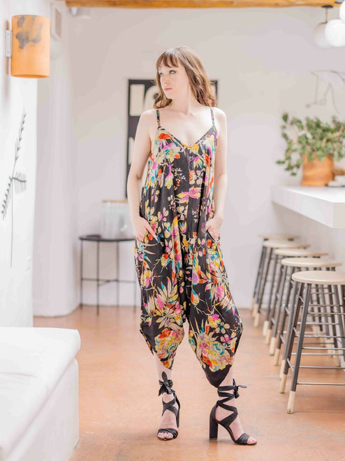 DIVA Boho Chic Double Layer Silk Reversible Romper Onesie Playsuit with pockets in Anime Flower DIVA Boho Chic Double Layer Silk Reversible Romper Onesie Playsuit with pockets in Anime Flower