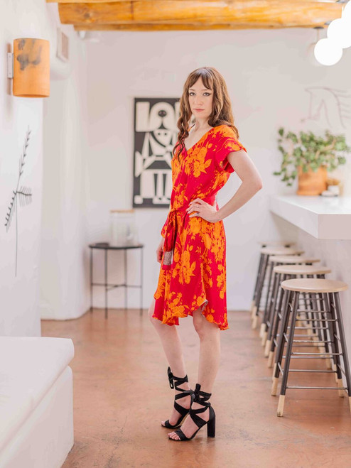 KAYLA Casual V-Neck A-line Dress in  Orange Flowers (Small) KAYLA Casual V-Neck A-line Dress in  Orange Flowers (Small)