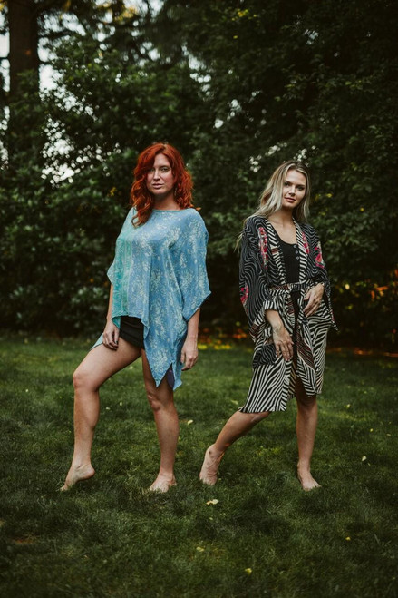 CAMILLE Oversized Flowy Silk Bohemian Chic Tunic Blouse in Blue Garden OS CAMILLE Oversized Flowy Silk Bohemian Chic Tunic Blouse in Blue Garden OS
