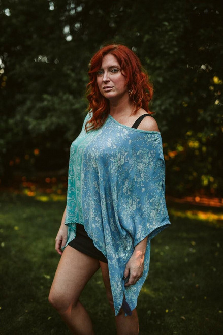 CAMILLE Oversized Flowy Silk Bohemian Chic Tunic Blouse in Blue Garden OS CAMILLE Oversized Flowy Silk Bohemian Chic Tunic Blouse in Blue Garden OS