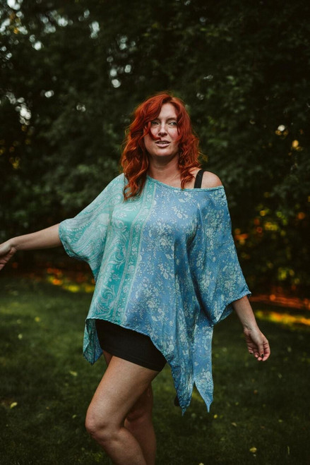 CAMILLE Oversized Flowy Silk Bohemian Chic Tunic Blouse in Blue Garden OS CAMILLE Oversized Flowy Silk Bohemian Chic Tunic Blouse in Blue Garden OS