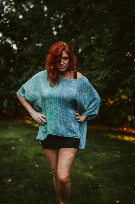 CAMILLE Oversized Flowy Silk Bohemian Chic Tunic Blouse in Blue Garden OS CAMILLE Oversized Flowy Silk Bohemian Chic Tunic Blouse in Blue Garden OS