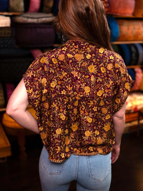 INDRA Boho Chic Printed Silk Crop Top in Fall Blooms (One Size)