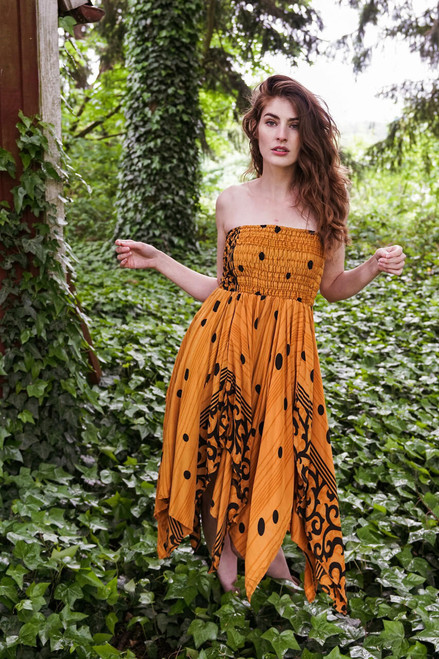 Indie Ella IMELDA Handkerchief Multi Way Boho Silk Skirt Dress in Golden Polka (One Size)  Indie Ella IMELDA Handkerchief Multi Way Boho Silk Skirt Dress in Golden Polka (One Size)