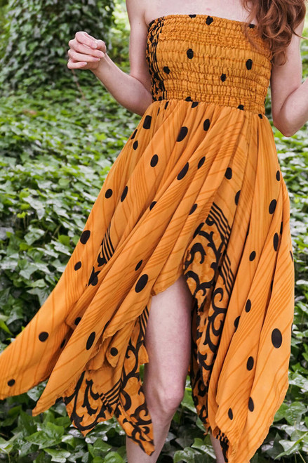 Indie Ella IMELDA Handkerchief Multi Way Boho Silk Skirt Dress in Golden Polka (One Size)  Indie Ella IMELDA Handkerchief Multi Way Boho Silk Skirt Dress in Golden Polka (One Size)