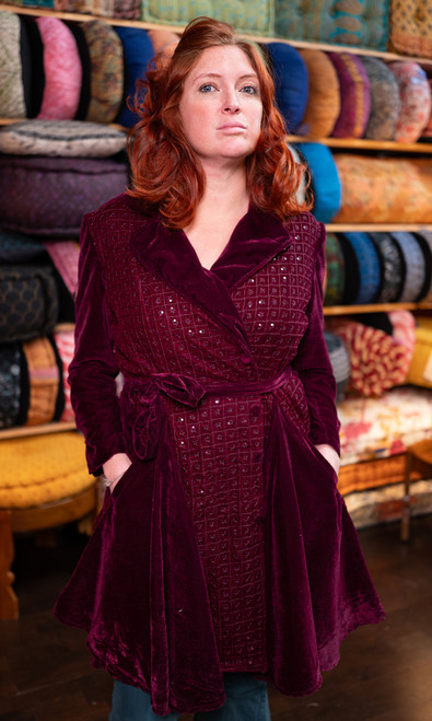 RAJKUMARI Velvet Evening Multi Panel Coat in Maroon  (Med/Large)