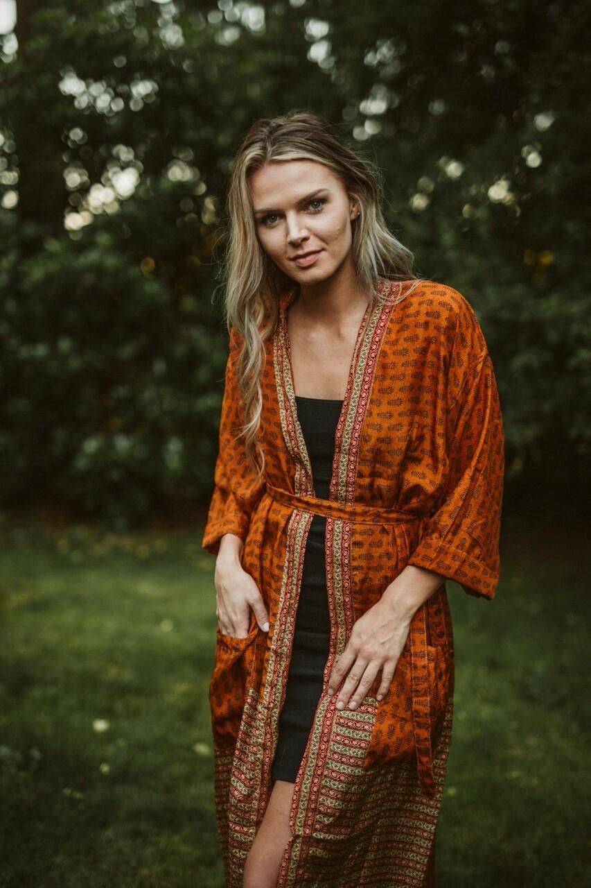 CAMERON Silk Luxurious Boho Chic Robe in Terra Cotta Paisley - Indie Ella Lifestyle