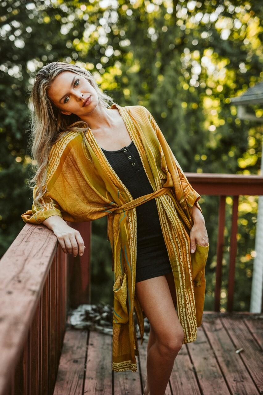 FLANNERY Luxury Bohemian Pure Silk KIMONO in Golden (One Size) - Indie
