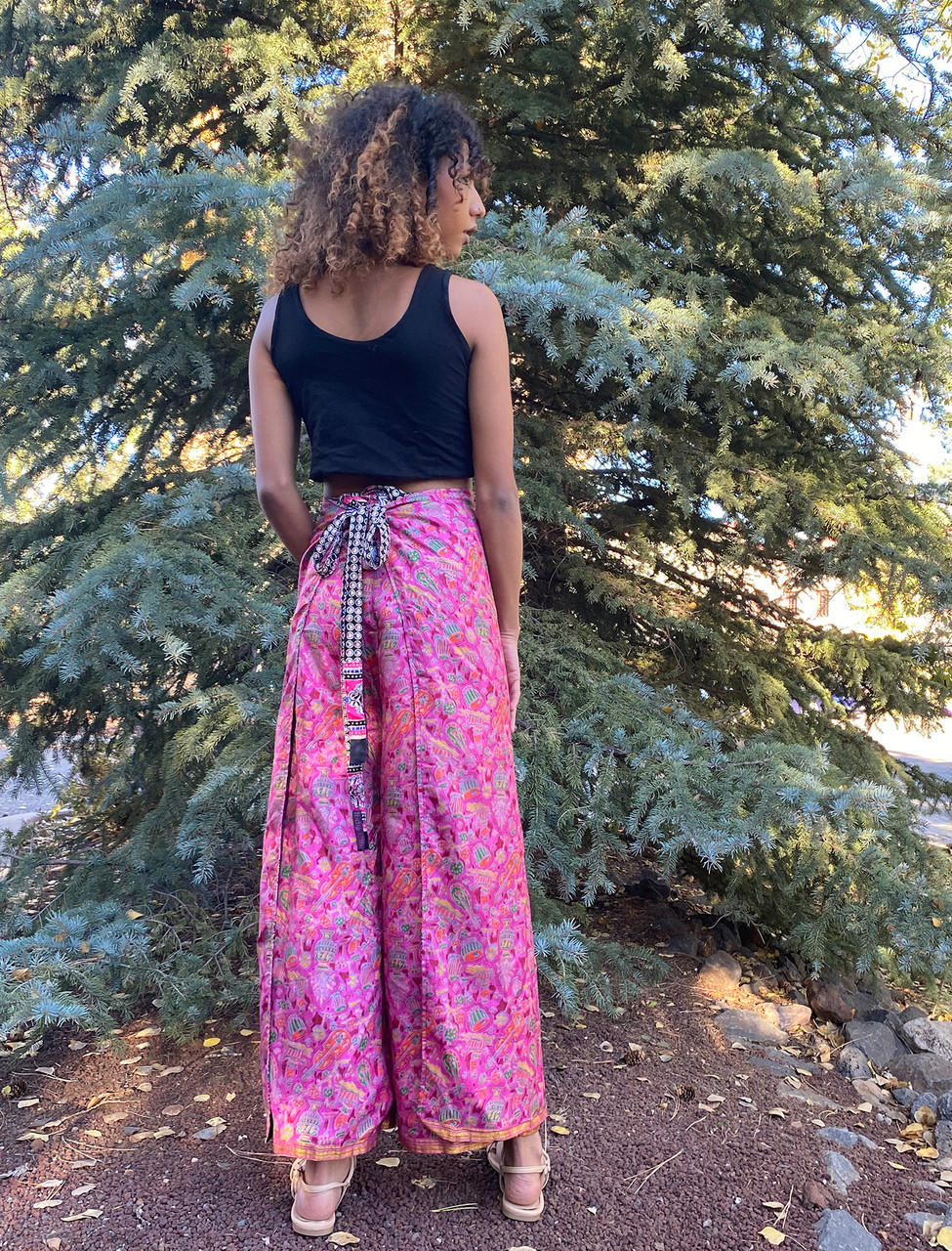 WINSLOW Gypsy Chic Recycled Silk Reversible Wrap Pants in Hot to