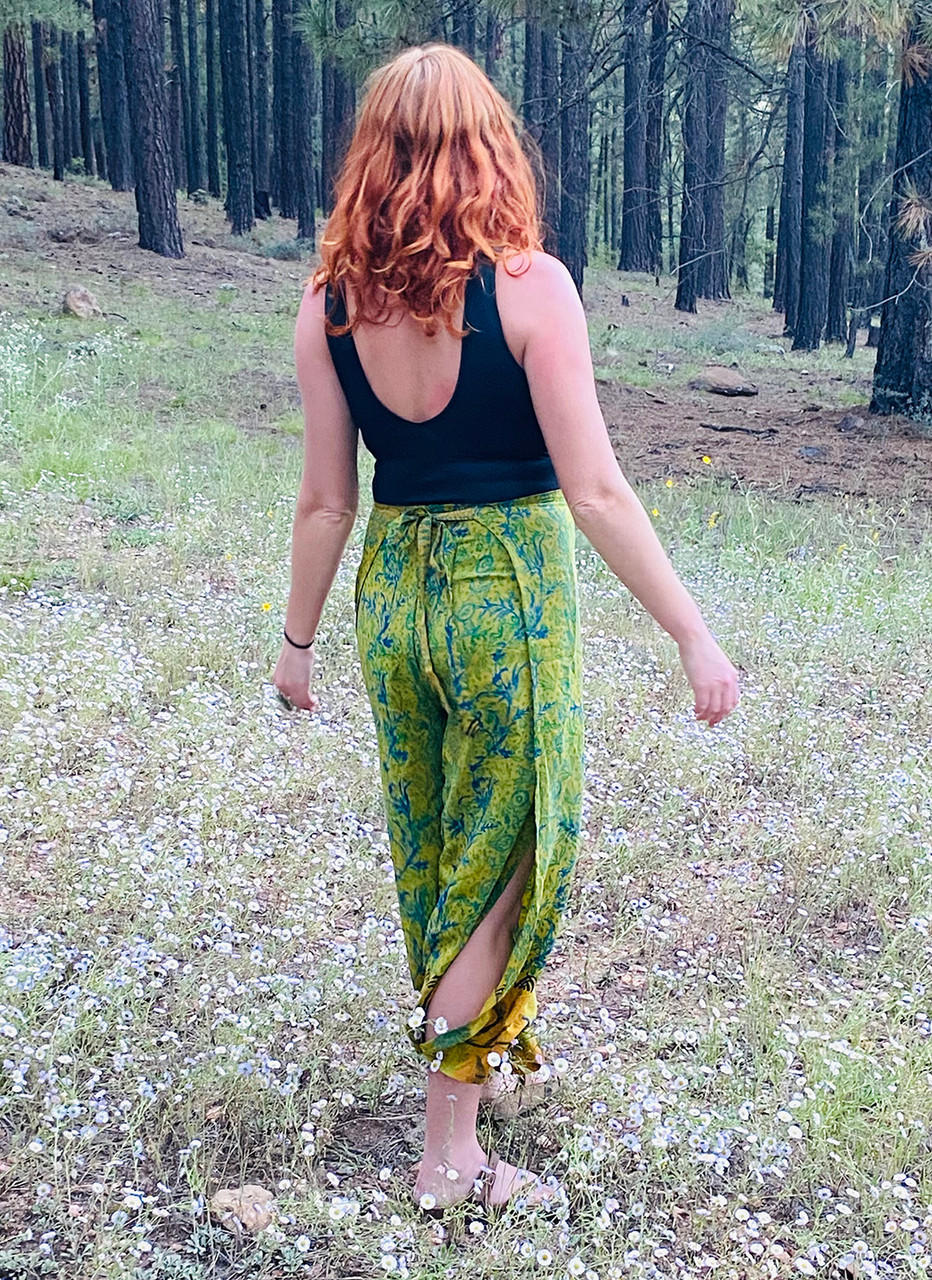 WINSLOW Gypsy Chic Recycled Silk Wrap Pants in Elevated Green