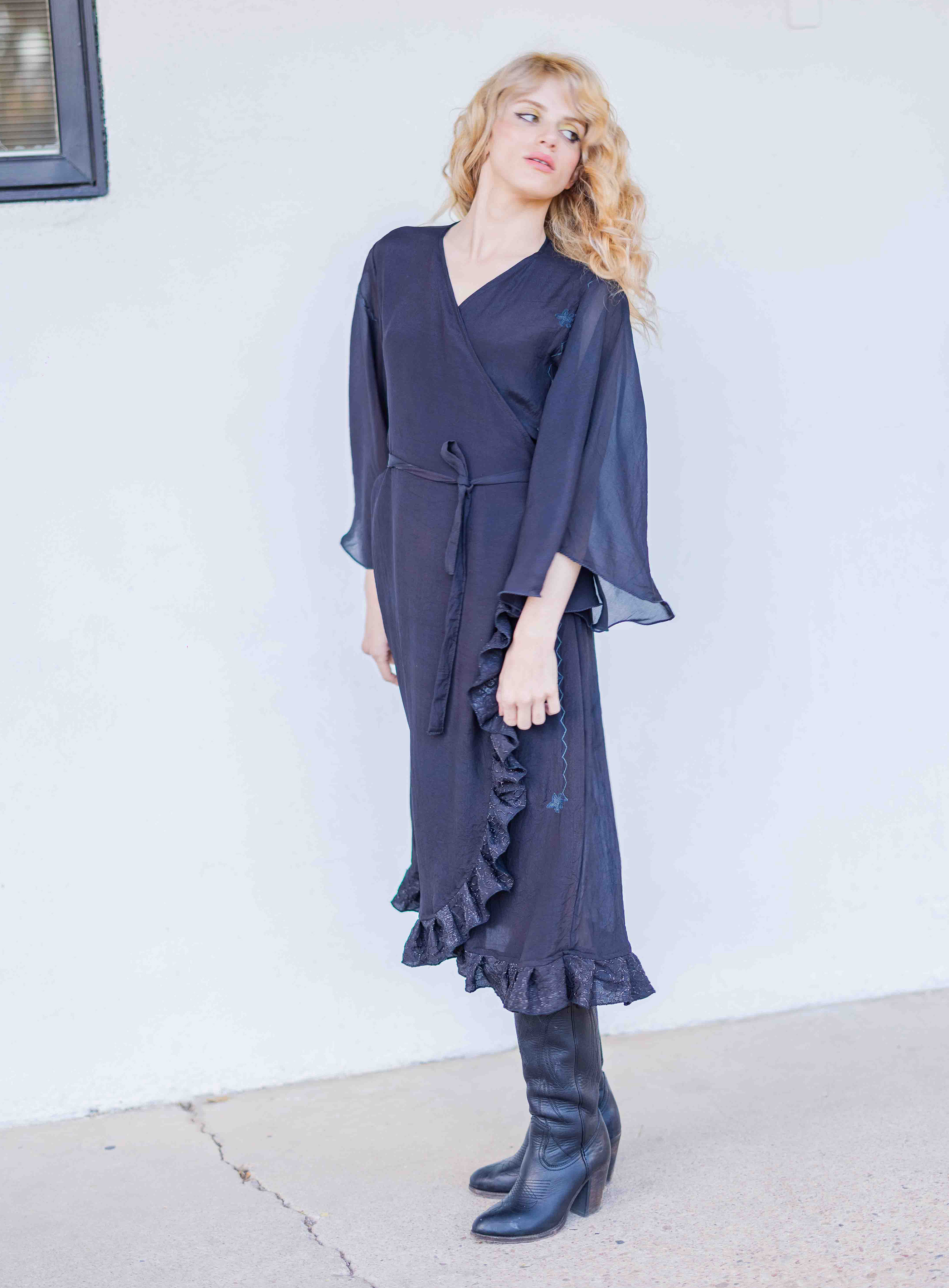 ANYA Butterfly Sleeve Sequin Silk Wrap Dress in Black Butterfly (s/md)