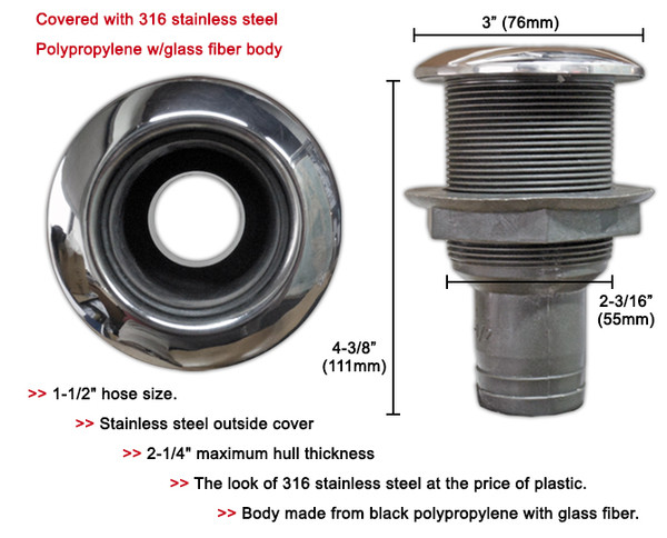 Key Largo Thru hull fittings - Plastic thru-hull concave head - 38mm (1 1/2") Nylon thru hull w/stainless steeel 316