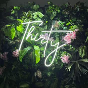 Flower Wall Hire - Green Forest with Hanging NEON Thirty Sign Flower Wall Hire - Green Forest with Hanging NEON Thirty Sign