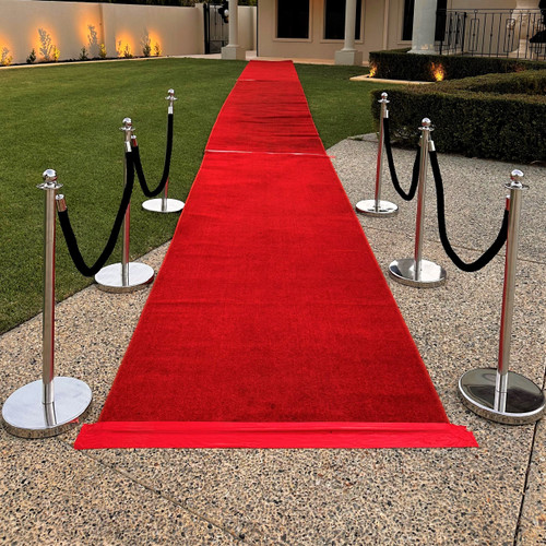 6 bollards with 4 Black ropes set up with our red carpet to define the entry