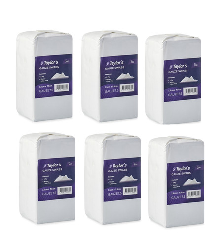 6 x Taylor's Gauze Swabs Non Sterile 7.5cm x 7.5cm - 8 Ply, Pack 200