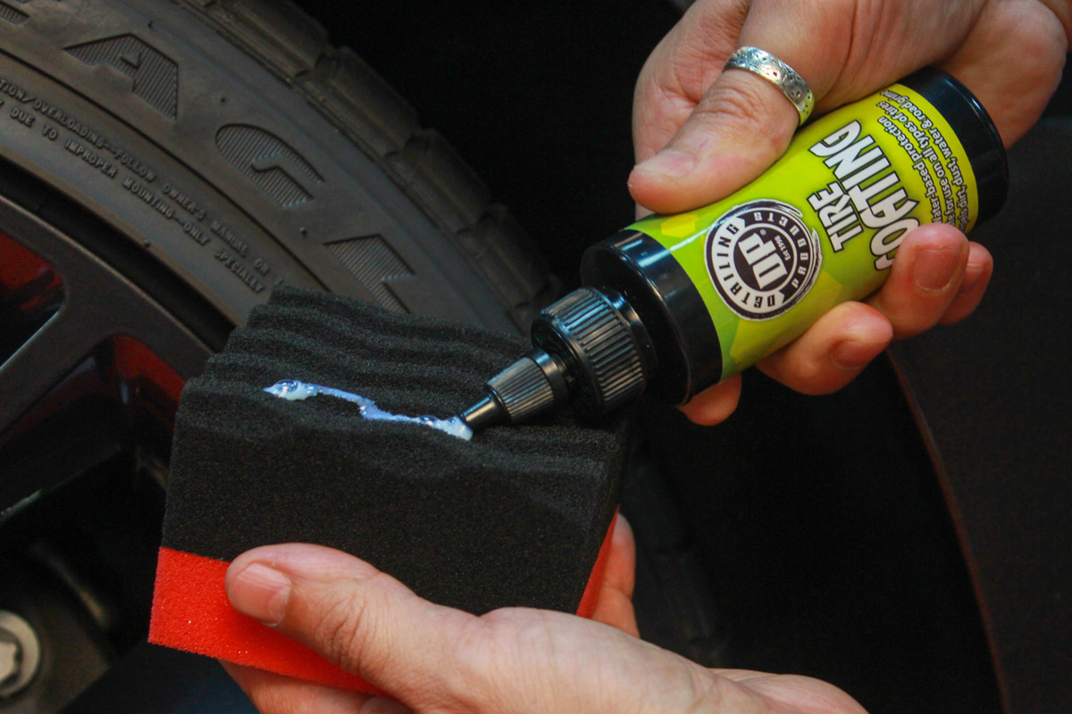 Apply DP Tire Coating to a foam tire dressing applicator to ensure even distribution of product.
