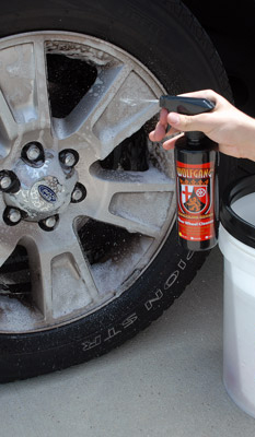 Spray a liberal amount of Wolfgang Uber Wheel Cleaner directly on the face of the wheel and the wheel barrels