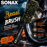 SONAX Beast Brush with soft, durable black and yellow bristles designed for cleaning car wheels, spokes, and tight spaces