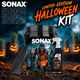 SONAX Limited Edition Halloween Kit featuring a branded wash bucket, wheel cleaner spray bottle, wheel brush, and grit guard set against a spooky graveyard background