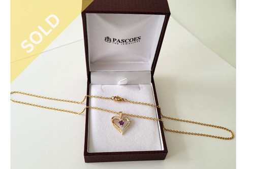 9ct Gold Diamond & Amethyst Heart Pendant ~ 1129250923-1