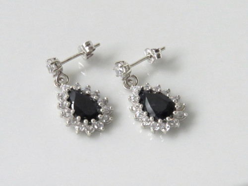 9ct White Gold Dark Blue Sapphire and CZ Earrings ~ 1133251113-1
