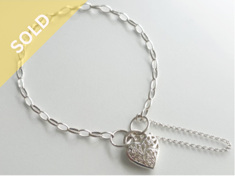 925 Sterling Silver Oval Belcher Filigree Heart Padlock Bracelet, 19cm (5.2grams) ~ 1217260327