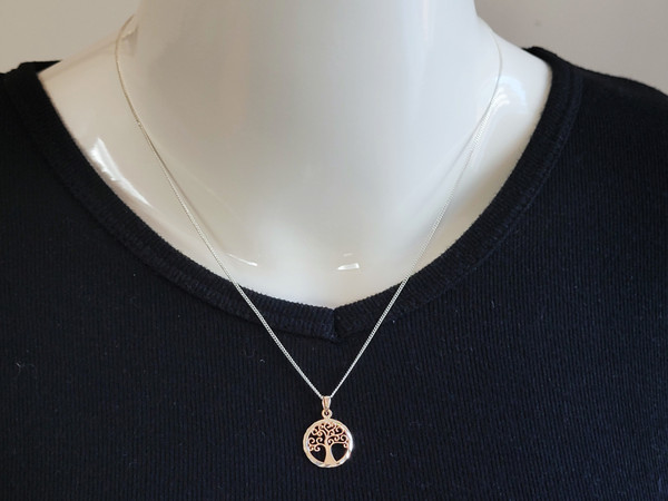 Tree of Life Circle Pendant on fine Curb Chain Necklace Set in 925 Sterling Silver ~