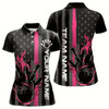 Goofygear Pink Line American Flag Custom Patriotic Flame Womens Bowling Polo Shirt, Us Bowling Shirt