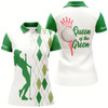 Goofygear Funny Womens Golf Polo Shirt Queen Of The Green Custom Argyle Plaid White Green Golf Shirts For Women