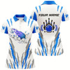 Goofygear White Bowling Polo Shirts For Women Custom Name Flame Bowling Ball And Pins Bowling Jerseys Blue